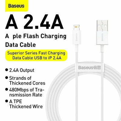 Cáp sạc cho iPhone/ iPad Baseus Superior Series Fast Charging Data Cable USB to iP (2.4A, 480Mbps, Fast charge, ABS/ TPE Cable)- Hàng chính hãng