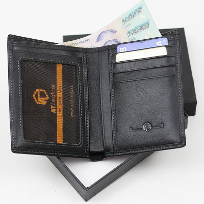 Ví đứng da bò nam cao cấp AT Leather 062 (12 x 9.5 cm) - Đen