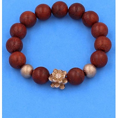 Chuỗi đeo tay Gỗ Đỏ 12 ly mix Bông Sen inox vàng hồng VGOHSHBH12 - Vòng tay hoa sen inox 304