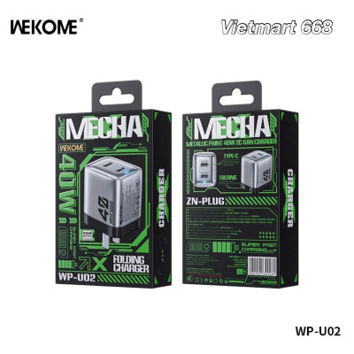 Củ Sạc Nhanh 40W WEKOME WP-U02 - Công Nghệ GaN Mới Nhất - Tích Hợp 2 Cổng TypeC Hỗ Trợ Sạc Nhanh Lên Đến 40W - Hàng Chính Hãng