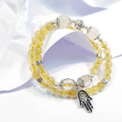 Vòng tay mệnh Kim, thủy đá thạch anh tóc vàng, Thạch anh trắng và charm Hamsa