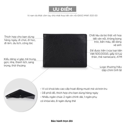 Ví nam da thật cầm tay chữ nhật hoạ tiết vân nổi IDIGO MW1-303-00