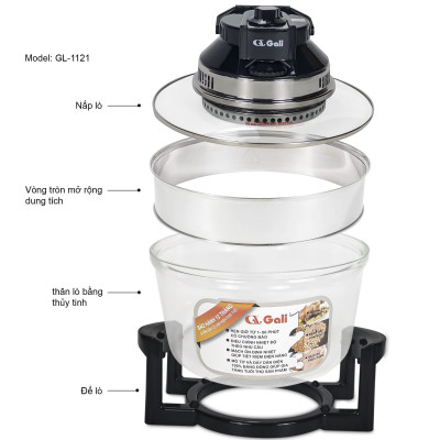 Thân nồi lò nướng thủy tinh, 12-17 lít, đầu lò 1300w, khay, vỉ nướng, chân nhựa, vành inox, hàng chính hãng Gali