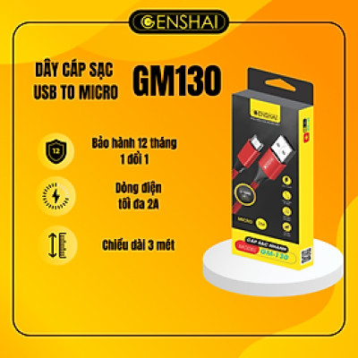 Cáp sạc Micro USB hàng chính hãng GENSHAI GM130 dây dù 3m IBảo hành 12 tháng 1 đổi 1I Made in Việt Nam