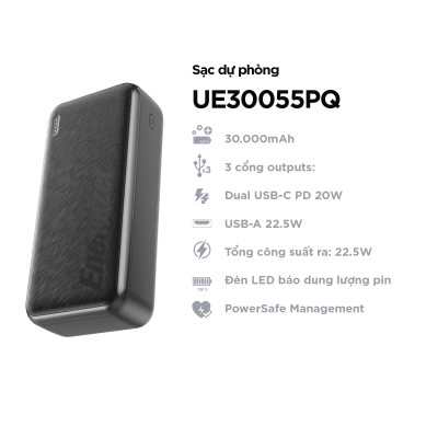 Sạc dự phòng Energizer 30,000mAh /3.7V Li-Polymer UE30055PQBK, bảo hàng 24 tháng 1 đổi 1 - Hàng chính hãng