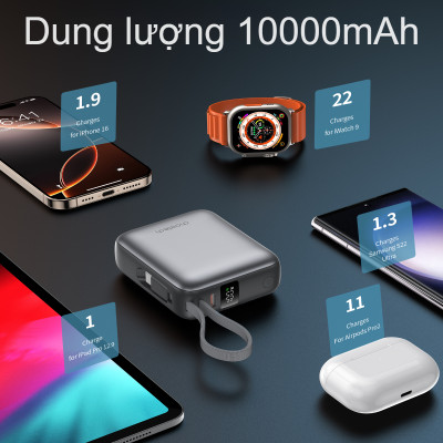 Pin dự phòng sạc nhanh công suất 35W Choetech B832 dung lượng 10000mAh tích hợp cáp sạc Type C (Hàng chính hãng)