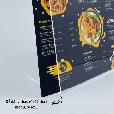 Kệ mica 1 mặt Enter F04-L 100x75mm A7 ngang, Kệ menu chữ L, Khung thông tin sản phẩm, Khung bảng giá, Kệ trưng bày để bàn