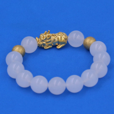 Chuỗi đeo tay Thạch Anh Trắng 12 ly - cẩn Tỳ Hưu Phong thủy inox vàng VTATTHHBV12 - hợp mệnh Kim, mệnh Thủy