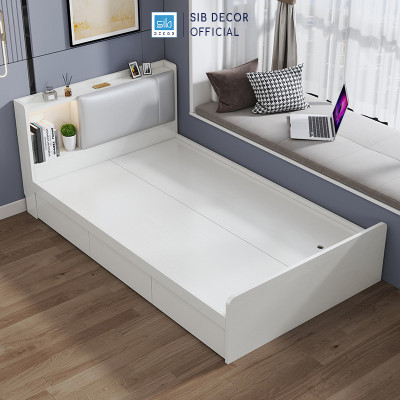 Giường Gỗ Đơn Dài 1.2m Phối Đèn LED và 3 Ngăn Kéo Màu Trắng SIB Decor GN14