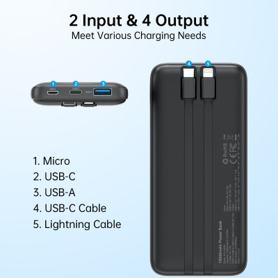 Pin dự phòng Choetech B654 dung lượng 10.000mAh 22.5W  tích hợp 2 cáp sạc Type C và L ( hàng chính hãng)