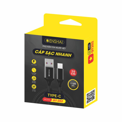 Dây cáp sạc ngắn chất liệu cao cấp hàng chính hãng Genshai GT12 USB to Type C dây 20cm | Bảo hành 12 tháng 1 đổi 1 | Made in Việt Nam
