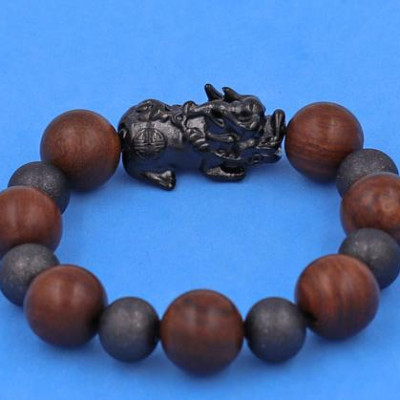 Chuỗi tay Gỗ Đàn Hương Nâu size 18 ly mix Tỳ Hưu Inox - Chuỗi size XXXL