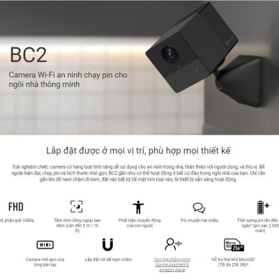 Camera Wi-Fi EZVIZ BC2 Không Dây, FHD 1080P, Pin Sạc 2000 mAh, Đàm Thoại 2 Chiều - Hàng Chính Hãng