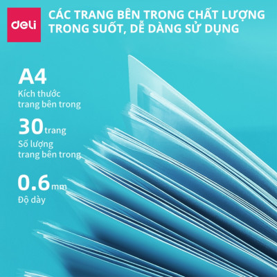 File Lá Học Sinh A4 Deli - 30/40 Lá - Xanh Dương/Hồng/Trắng - 1 Chiếc - 72493 / 72494