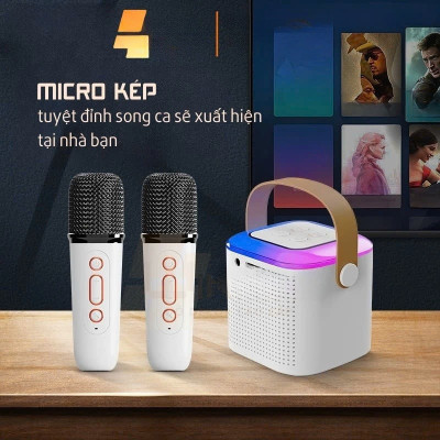 Loa Bluetooth mini kèm 2 micro hát karaoke không dây - Mic hát karaoke âm thanh chất lượng lọc âm khử nhiễu LED RGB - Hàng Nhập Khẩu