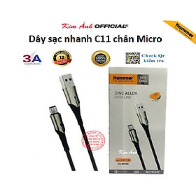 Dây sạc nhanh 3A Hiệu Ham mer ( H-C11-M ), Chân Micro/ V8, Có đèn báo, Kim Ánh bảo hành Hàng chính hãng 12 tháng