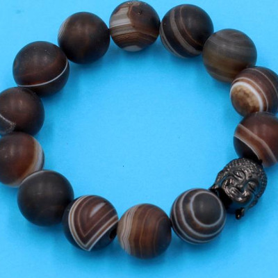 Vòng tay chuỗi hạt - mã não nâu sọc 14 ly - cẩn hạt Như Lai Inox đen VMNNSMNLE14 - hợp mệnh Kim, mệnh Thổ