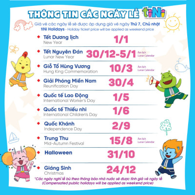 Vé vào cổng điện tử tiNiWorld PREMIUM CUỐI TUẦN/LỄ áp dụng tại các trung tâm tiNiWorld có giá vé vào cổng 180.000 VNĐ