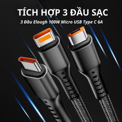 Dây Sạc Nhanh, Cáp Sạc 3 Đầu Công Suất Tối Đa 100W, Sạc Tất Cả Các Dòng Máy, Dây Dài 1-1.2m Loại Dây Dù Chống Đứt - Hàng Nhập Khẩu