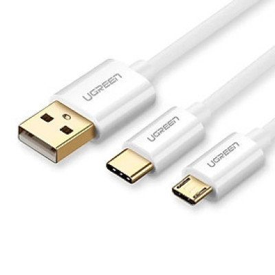 Cáp USB-A sang Micro USB + USB-C cao cấp 1M màu Trắng Ugreen 197HL30576US Hàng chính hãng