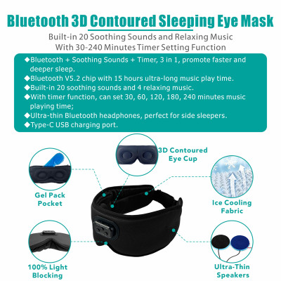 Mặt Nạ Che Mắt Ngủ Có Tai nghe Bluetooth 5.2 3D Ice Silk Nghe Nhạc Thư Giãn, Tập Luyện Yoga, Tránh ánh sáng và âm thanh, tích hợp tiếng ồn trắng có hẹn giờ - Hàng Chính Hãng