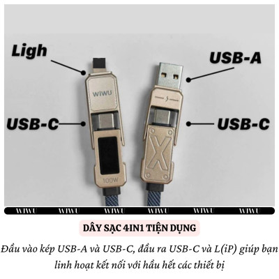Cáp Sạc Đa Năng 4in1 sạc nhanh 100W dài 150cm / 15cm USB-C + USB-A ra Type-C + L cho iPhone / cho iPad/ cho Macbook Laptop / Điện thoại thông minh hiệu WIWU TITAN - Chống Rối, Siêu Bền, Chip Thông Minh Tích Hợp, Sạc An Toàn - Hàng nhập khẩu