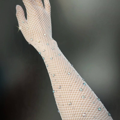 Găng tay sang chảnh màu trắng dạng lưới đính đá lấp lánh cho Cô dâu và Dạ hội, đi tiệc, sự kiện, lễ hội MS: 44146