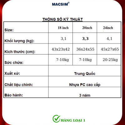 Vali cao cấp Macsim Hanke MSH9861 size 18 inch hàng loại 1 màu trắng