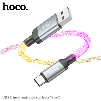Cáp Sạc Nhanh Dành Cho Hoco U112 Shine 3A Đèn Led Đổi Màu Cổng Type C Dây Dài 1M Hàng Chính Hãng