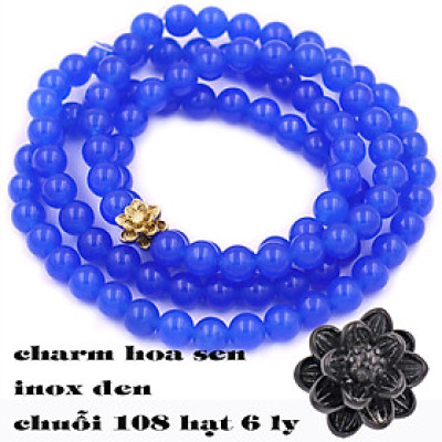 [Mệnh Thủy, Mộc] Bộ Vòng Chuỗi, Tràng Hạt 108 Hạt 6 Ly Đá Thạch Anh Xanh Dương Charm Hoa Sen Inox - Tràng Chuỗi Niệm Phật - An Yên - Thịnh Vượng - May Mắn - Tài Lộc - Bình An
