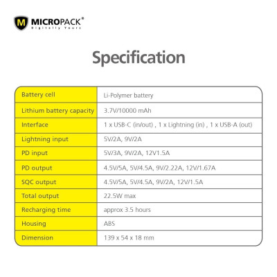 Pin sạc dự phòng MicroPack ANTIBACTERIAL POWER STORE 1020 10000mAh - Hàng Chính Hãng