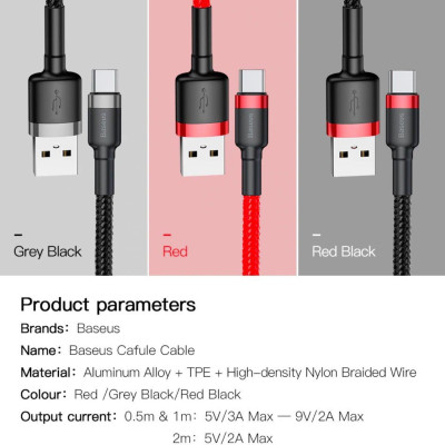 Cáp sạc Baseus Cafule Quick Charge và truyền dữ liệu tốc độ cao Usb to Type C 3A CATKLF- Hàng chính hãng