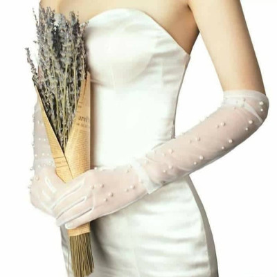 Găng tay trong suốt đính ngọc trai cho Cô dâu và Dạ hội, đi tiệc, sự kiện, lễ hội, chụp ảnh MS: 43645