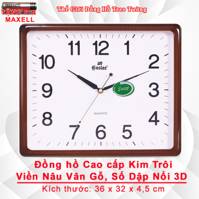 Đồng Hồ Treo Tường Cao Cấp EASTAR Viền NÂU Vân GỖ – Máy KIM TRÔI – Số Nổi 3D – Tặng Pin Maxell – BH 1 Năm