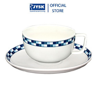 Bộ tách trà | JYSK Check | sứ trắng viền xanh | D13xR10xC6cm/ DK16.5xC2cm | 280ml