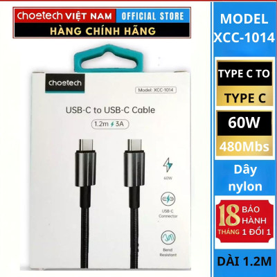 Cáp sạc Choetech XCC-1014/ XCC-1015 nhanh và truyền dữ liệu Type C to Type C 60W  Series- Hàng chính hãng
