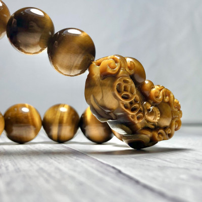 Vòng tay Thạch Anh Mắt Hổ vàng nâu 16mm mix tỳ hưu đá