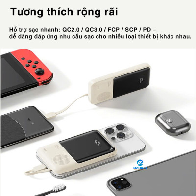 Pin dự phòng sạc nhanh ROCK P95 PD 22.5W 10000mAh có cáp tích hợp , hàng chính hãng bảo hành 1 năm
