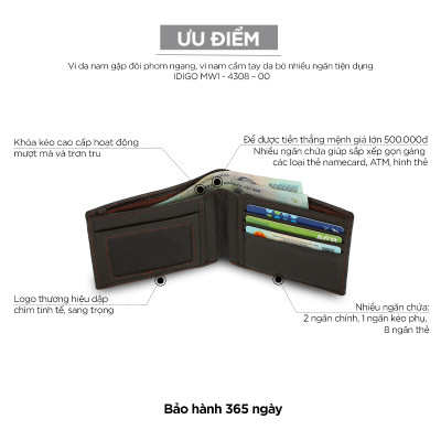Ví da nam gập đôi phom ngang nhiều ngăn tiện dụng IDIGO MW1-4308