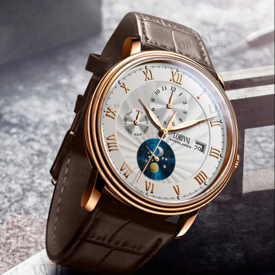 Đồng hồ nam chính hãng LOBINNI Ref.1023-1 (Phiên bản đặc biệt Limited)  Kính sapphire nguyên khối ,chống xước,chống nước 50m,mặt trắng vỏ vàng hồng dây da nâu xịn, thép không gỉ 316L,Đồng hồ cơ (Automatic) bảo hành 24 tháng,thiết kế đơn giản và sang trọng