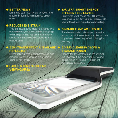 Kính lúp cầm tay đọc sách cao cấp Magnipros ED-12 (phóng đại 6x, 10 đèn LED chống chói, điều chỉnh độ sáng) (Hàng chính hãng)