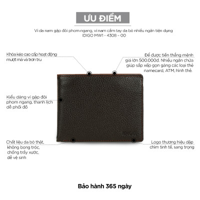 Ví da nam gập đôi phom ngang nhiều ngăn tiện dụng IDIGO MW1-4308