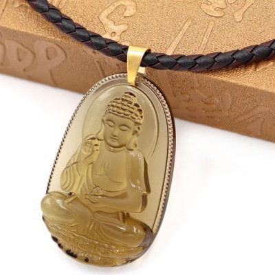 [Tuổi Tuất, Hợi] Dây Chuyền Mặt Phật A Di Đà Thạch Anh Khói 5cm + Dây Da - Mặt Size Lớn - Tặng Kèm Móc Inox - Phong Thủy 868 - May Mắn - Bình An