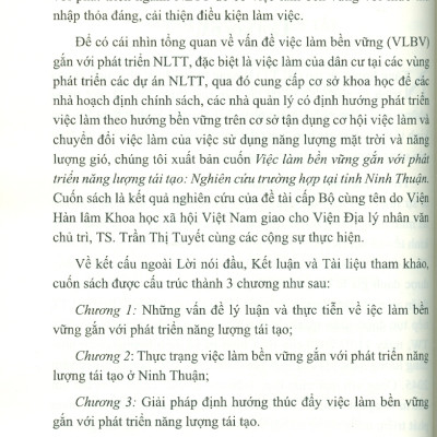 Việc Làm Bền Vững Gắn Với Việc Phát Triển Năng Lượng Tái Tạo (Nghiên Cứu Trường Hợp Tại Tỉnh Ninh Thuận) - TS. Trần Thị Tuyết chủ biên