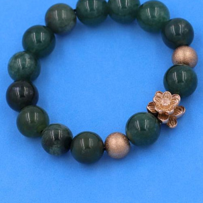 Chuỗi tay Cẩm Thạch Xanh Đậm 12 ly mix hoa sen vàng hồng VCTXDHSHBH12 - Vòng tay hoa sen inox 304, không rỉ sét