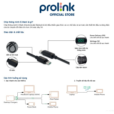 Dây sạc type C To C PROLiNK GCC_100_02 dài 2M, sạc siêu nhanh 100W, màn hình Led, dành cho Tablet, Macbook, Laptop - Hàng chính hãng