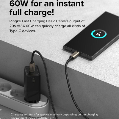 Cáp sạc nhanh cho điện thoại/laptop/tablet RINGKE Fast Charging Basic Cable C-to-C - Hàng Chính Hãng