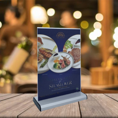 Kệ menu nhà hàng, Standee mica để bàn, Bảng quét mã QR Code, Kệ mica 2 mặt Enter E35 300x210mm đế nhôm A4 ngang