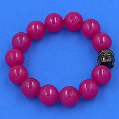 Vòng đeo tay thạch anh hồng 14 ly cẩn hạt Phật A Di Đà inox đen VTAHNLE14 - hợp mệnh Hỏa, mệnh Thổ