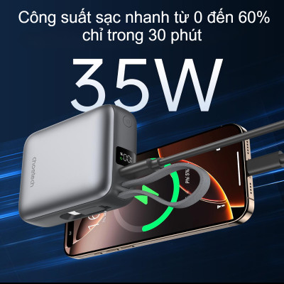 Pin dự phòng sạc nhanh công suất 35W Choetech B832 dung lượng 10000mAh tích hợp cáp sạc Type C (Hàng chính hãng)